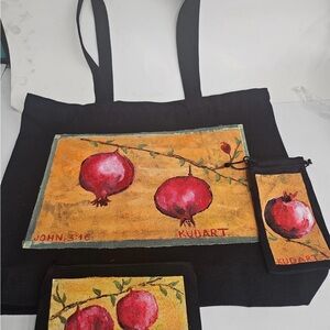 Black Hand Painted Tote Bag with Pomegranate Design
